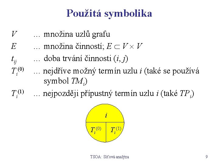 Použitá symbolika V E tij Ti(0) Ti(1) … množina uzlů grafu … množina činností;