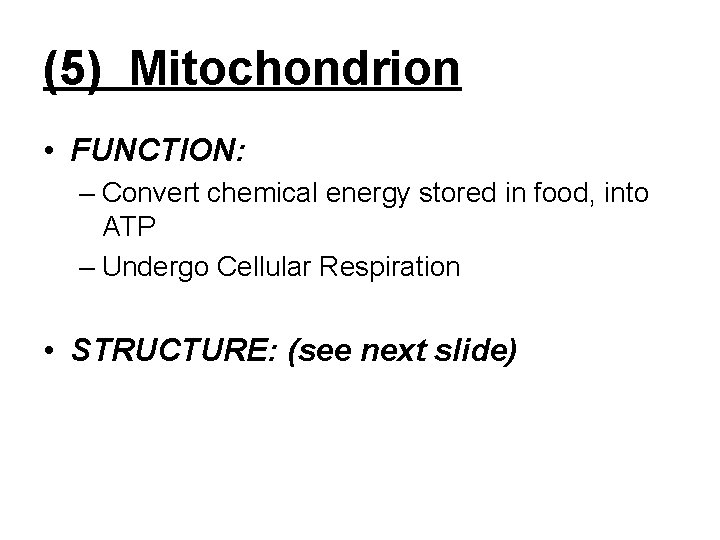 (5) Mitochondrion • FUNCTION: – Convert chemical energy stored in food, into ATP –