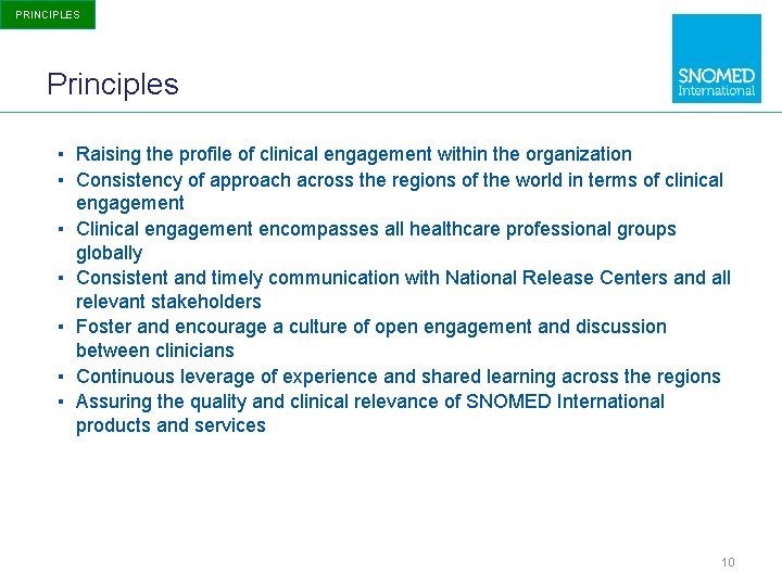 PRINCIPLES Principles ▪ Raising the profile of clinical engagement within the organization ▪ Consistency
