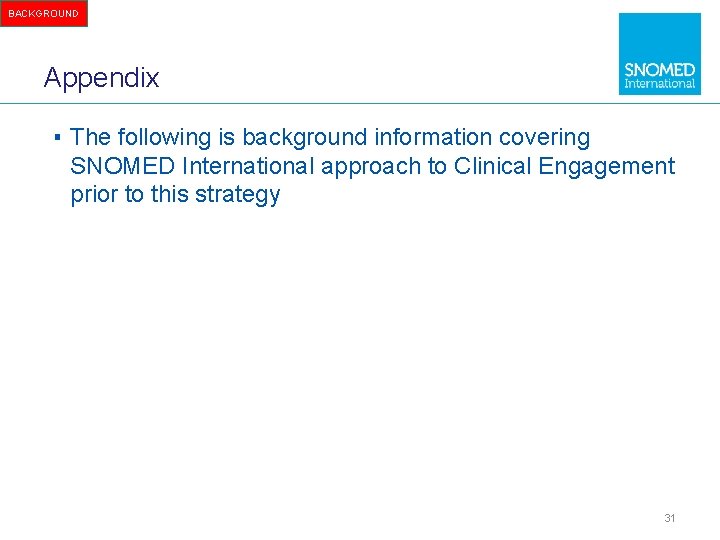 BACKGROUND Appendix ▪ The following is background information covering SNOMED International approach to Clinical