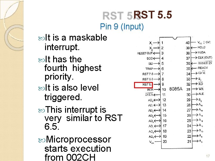 RST 5. 5 Pin 9 (Input) It is a maskable interrupt. It has the