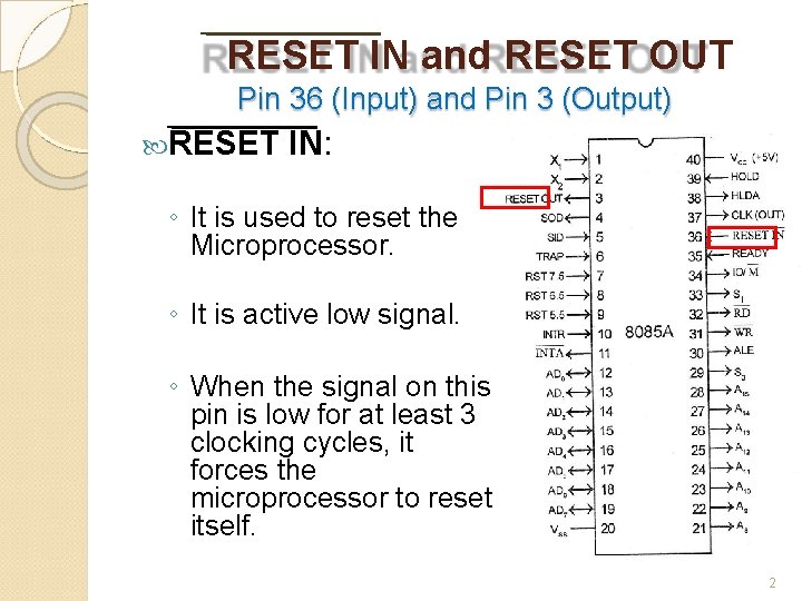 RESET IN and RESET OUT Pin 36 (Input) and Pin 3 (Output) RESET IN: