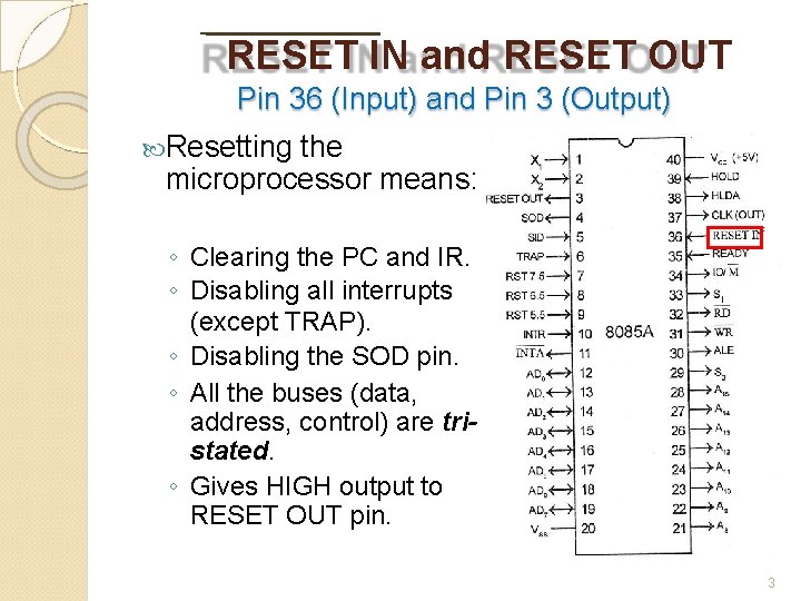 RESET IN and RESET OUT Pin 36 (Input) and Pin 3 (Output) Resetting the