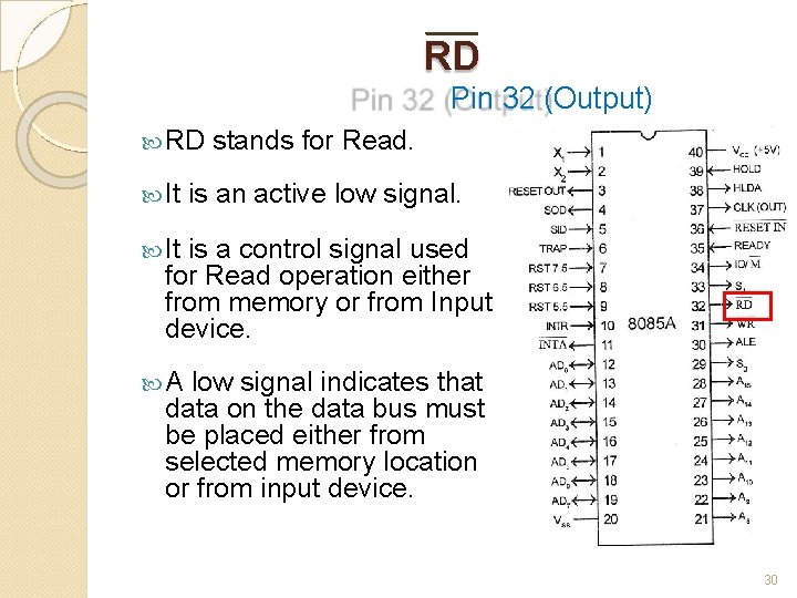 RD Pin 32 (Output) RD It stands for Read. is an active low signal.