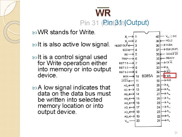 WR Pin 31 (Output) WR It stands for Write. is also active low signal.