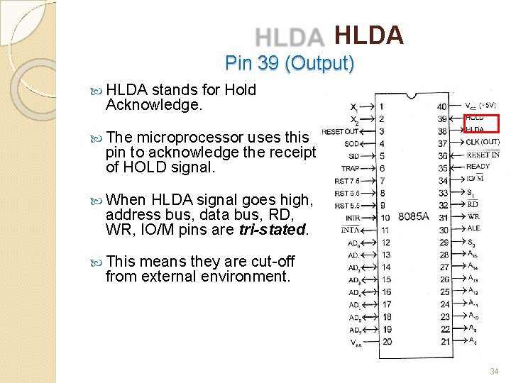 HLDA Pin 39 (Output) HLDA stands for Hold Acknowledge. The microprocessor uses this pin