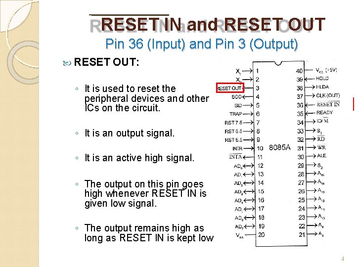 RESET IN and RESET OUT Pin 36 (Input) and Pin 3 (Output) RESET OUT: