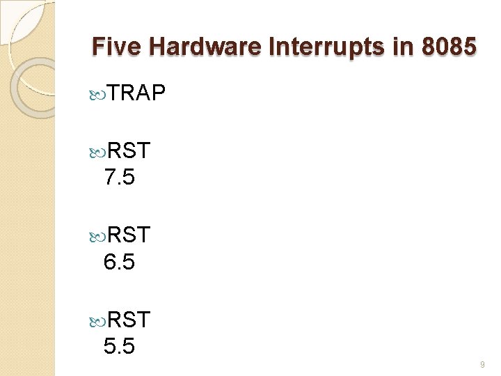 Five Hardware Interrupts in 8085 TRAP RST 7. 5 RST 6. 5 RST 5.