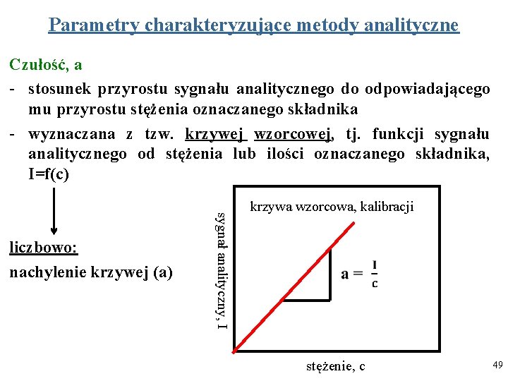 Parametry charakteryzujące metody analityczne Czułość, a - stosunek przyrostu sygnału analitycznego do odpowiadającego mu