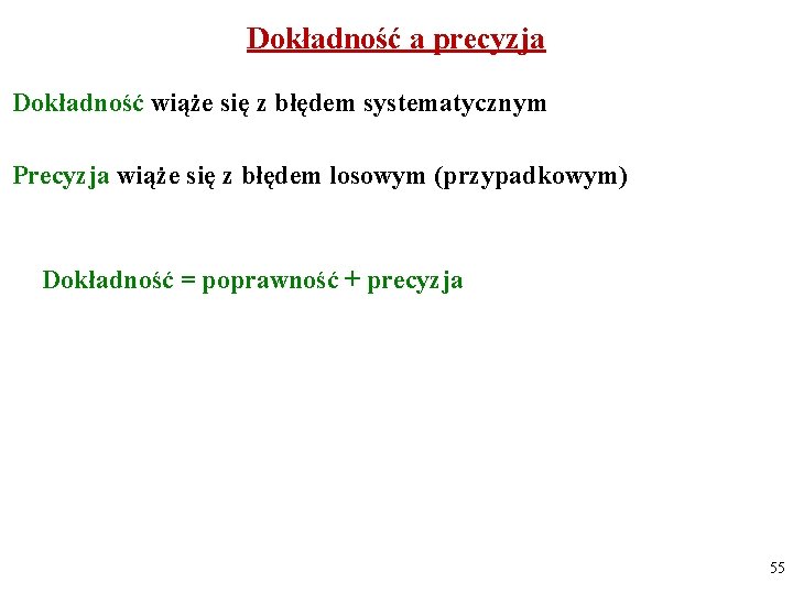 Dokładność a precyzja Dokładność wiąże się z błędem systematycznym Precyzja wiąże się z błędem