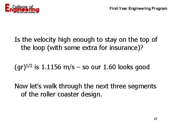 First-Year Engineering Program Is the velocity high enough to stay on the top of First-Year Engineering Program Is the velocity high enough to stay on the top of
