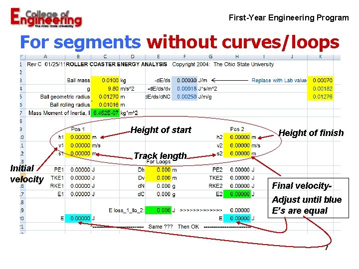 First-Year Engineering Program For segments without curves/loops Height of start Height of finish Track First-Year Engineering Program For segments without curves/loops Height of start Height of finish Track