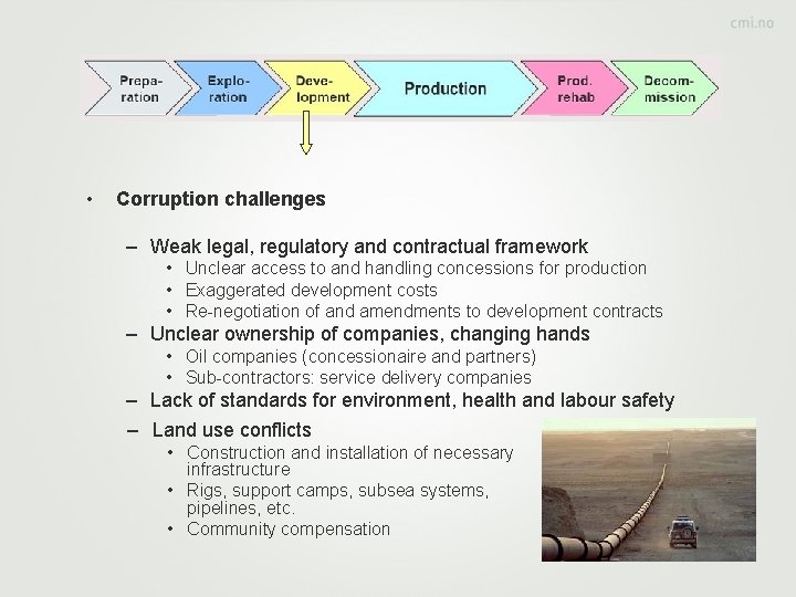  • Corruption challenges – Weak legal, regulatory and contractual framework • Unclear access