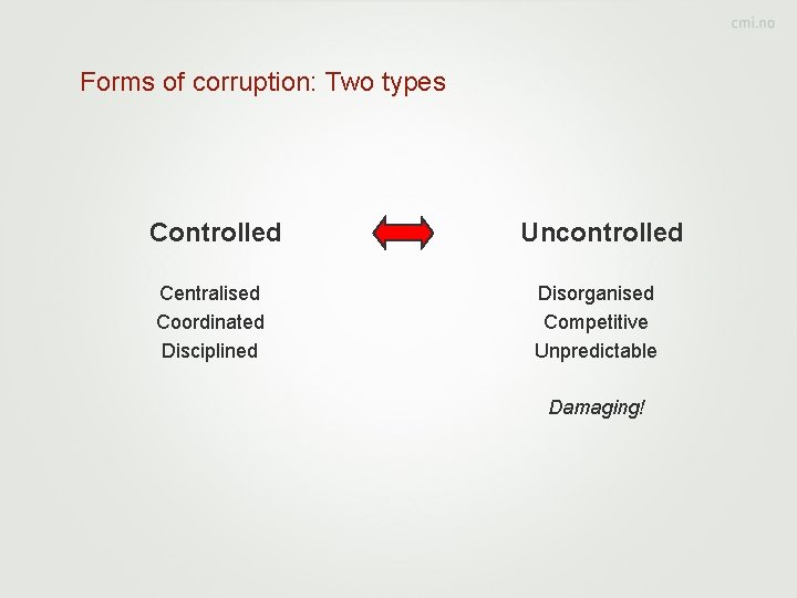 Forms of corruption: Two types Controlled Centralised Coordinated Disciplined Uncontrolled Disorganised Competitive Unpredictable Damaging!