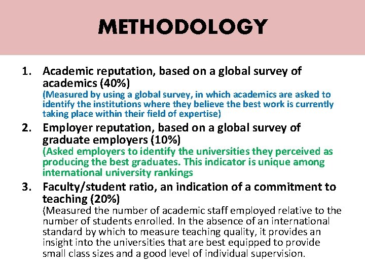 METHODOLOGY 1. Academic reputation, based on a global survey of academics (40%) (Measured by