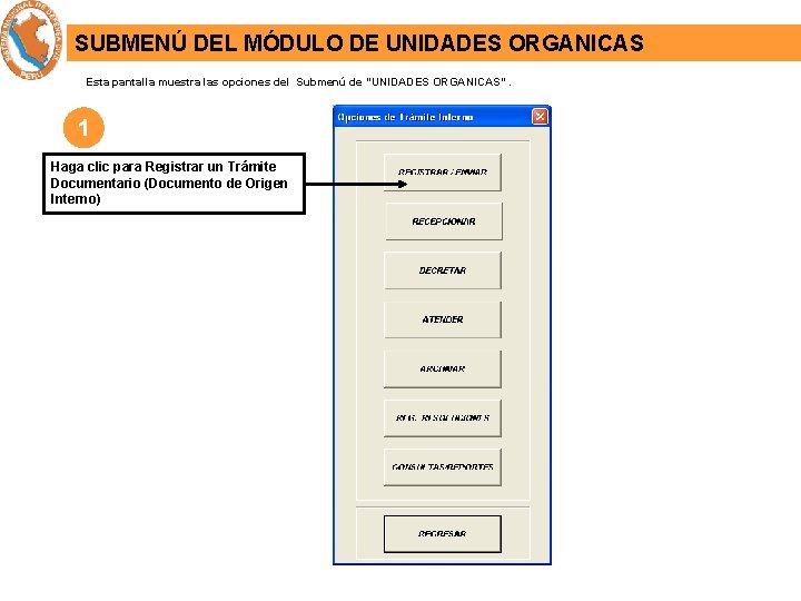 SUBMENÚ DEL MÓDULO DE UNIDADES ORGANICAS Esta pantalla muestra las opciones del Submenú de