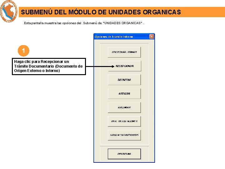 SUBMENÚ DEL MÓDULO DE UNIDADES ORGANICAS Esta pantalla muestra las opciones del Submenú de