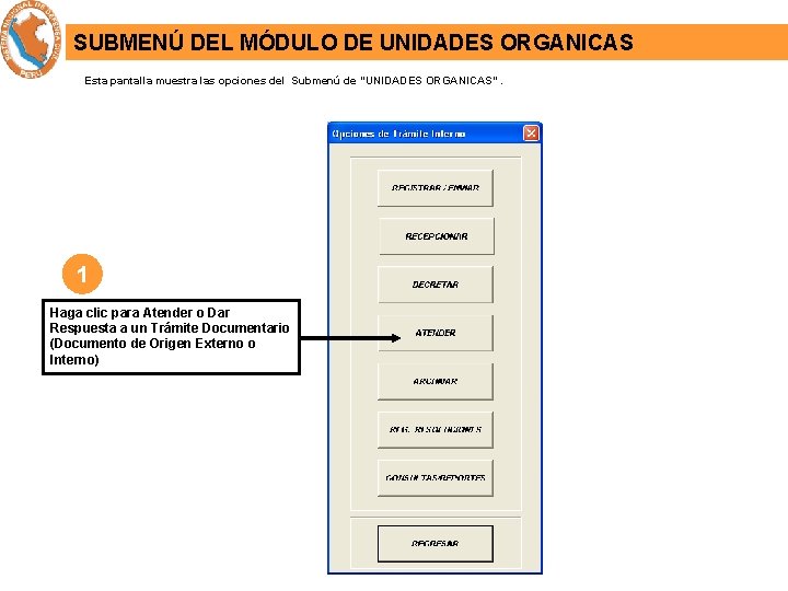 SUBMENÚ DEL MÓDULO DE UNIDADES ORGANICAS Esta pantalla muestra las opciones del Submenú de