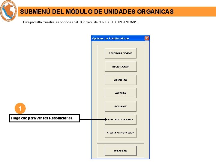 SUBMENÚ DEL MÓDULO DE UNIDADES ORGANICAS Esta pantalla muestra las opciones del Submenú de