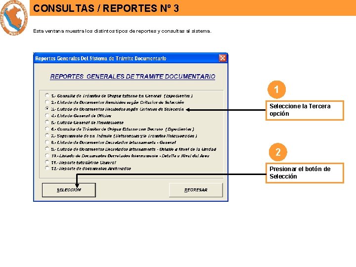 CONSULTAS / REPORTES Nº 3 Esta ventana muestra los distintos tipos de reportes y