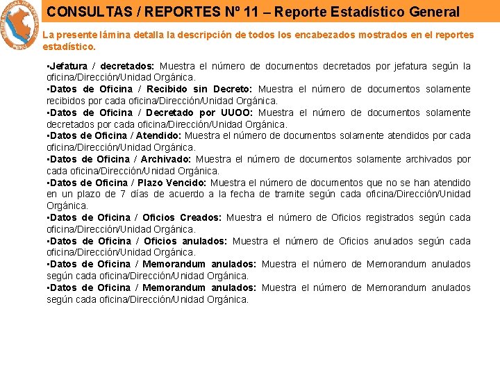 CONSULTAS / REPORTES Nº 11 – Reporte Estadístico General La presente lámina detalla la