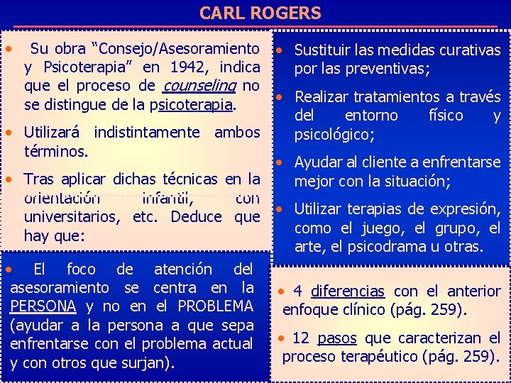 CARL ROGERS • Su obra “Consejo/Asesoramiento • Sustituir las medidas curativas y Psicoterapia” en