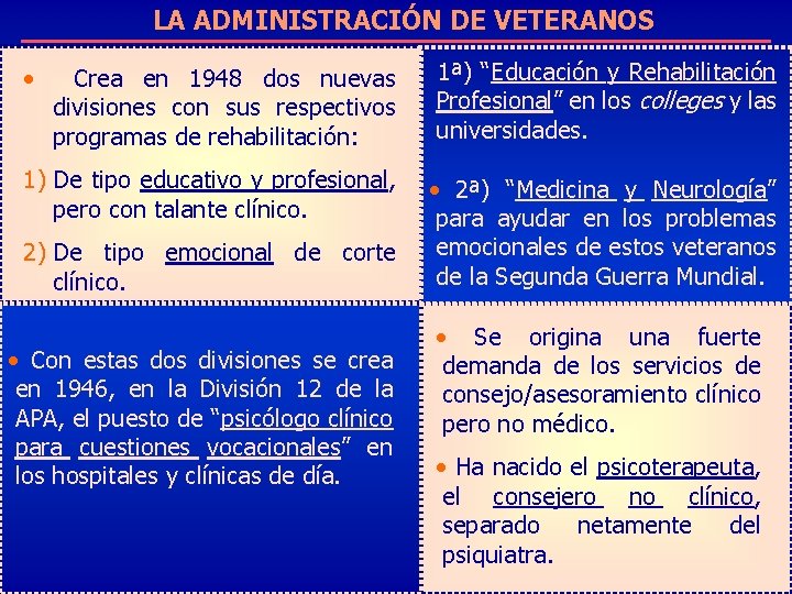 LA ADMINISTRACIÓN DE VETERANOS Crea en 1948 dos nuevas divisiones con sus respectivos programas