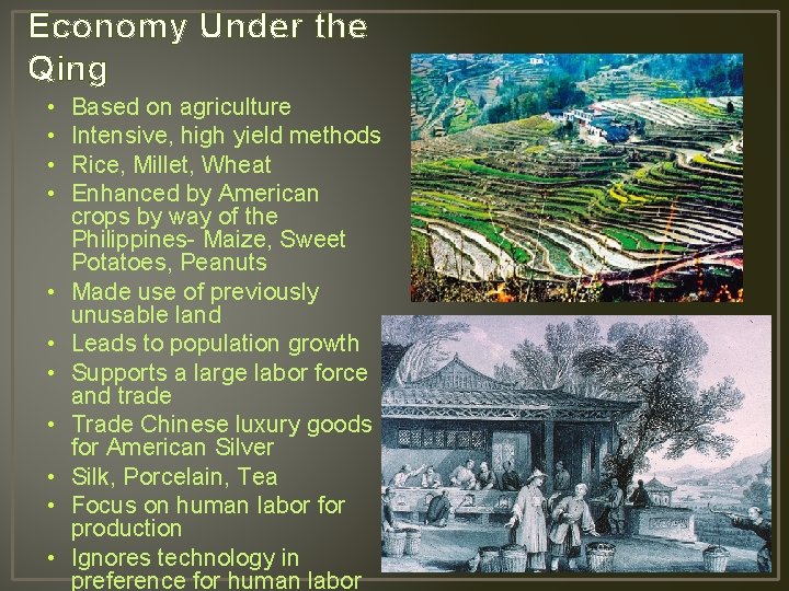 Economy Under the Qing • • • Based on agriculture Intensive, high yield methods