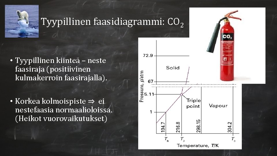 Tyypillinen faasidiagrammi: CO 2 • Tyypillinen kiinteä – neste faasiraja (positiivinen kulmakerroin faasirajalla). •