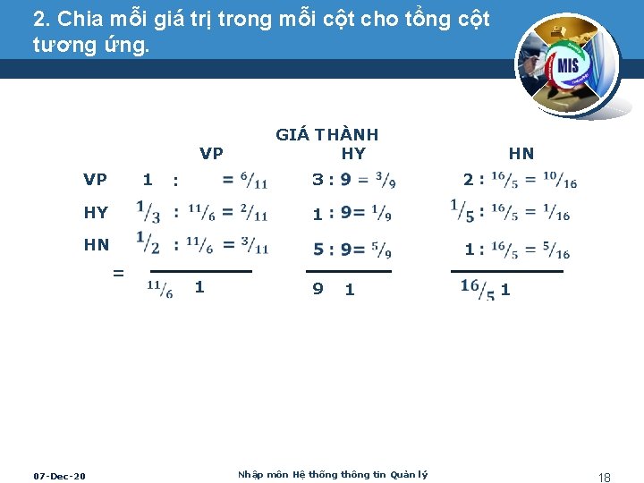 2. Chia mỗi giá trị trong mỗi cột cho tổng cột tương ứng. VP