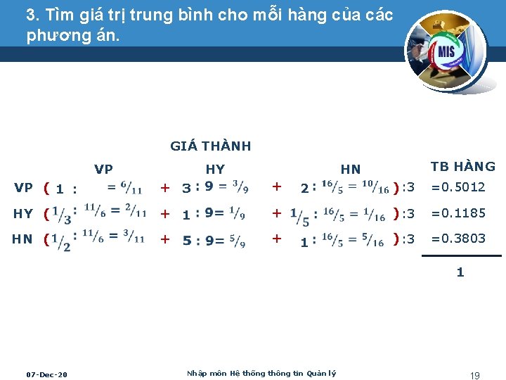 3. Tìm giá trị trung bình cho mỗi hàng của các phương án. GIÁ