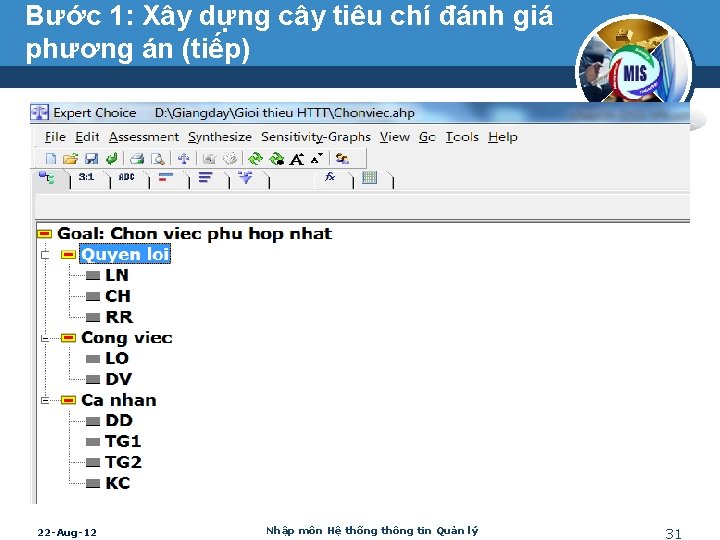 Bước 1: Xây dựng cây tiêu chí đánh giá phương án (tiếp) 22 -Aug-12