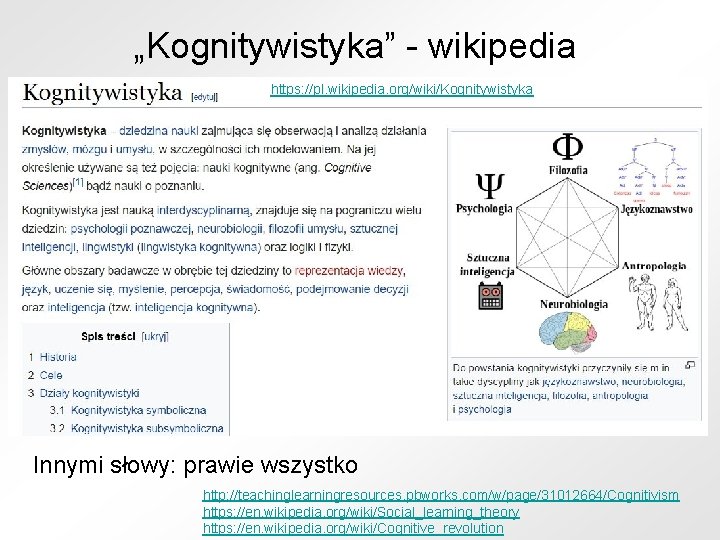 „Kognitywistyka” - wikipedia https: //pl. wikipedia. org/wiki/Kognitywistyka Innymi słowy: prawie wszystko http: //teachinglearningresources. pbworks.