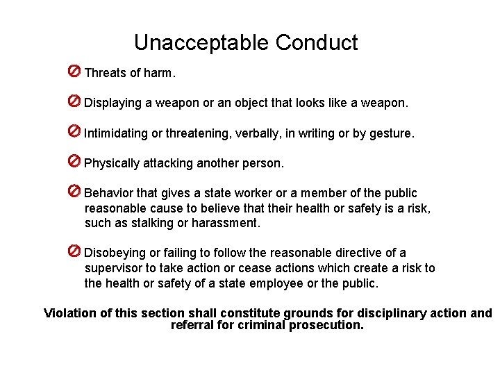 Unacceptable Conduct Threats of harm. Displaying a weapon or an object that looks like