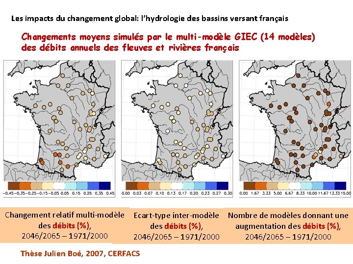 Les impacts du changement global: l’hydrologie des bassins versant français Changements moyens simulés par