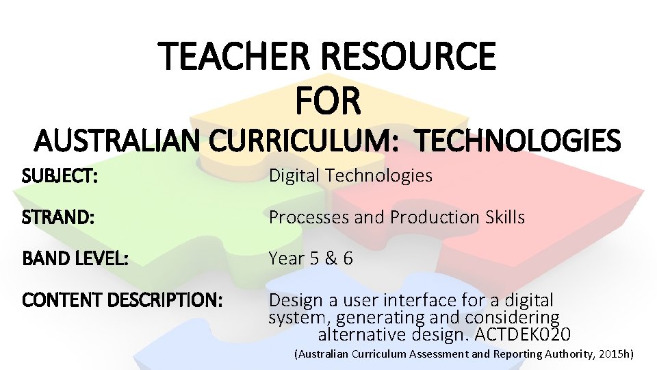 TEACHER RESOURCE FOR AUSTRALIAN CURRICULUM: TECHNOLOGIES SUBJECT: Digital Technologies STRAND: Processes and Production Skills