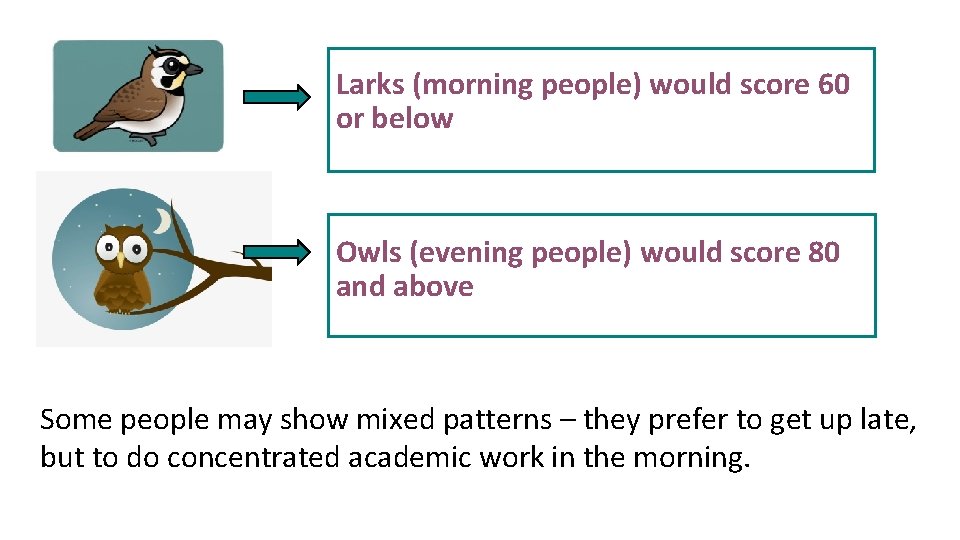 Larks (morning people) would score 60 or below Owls (evening people) would score 80