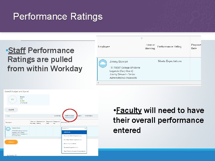 Performance Ratings • Staff Performance Ratings are pulled from within Workday • Faculty will