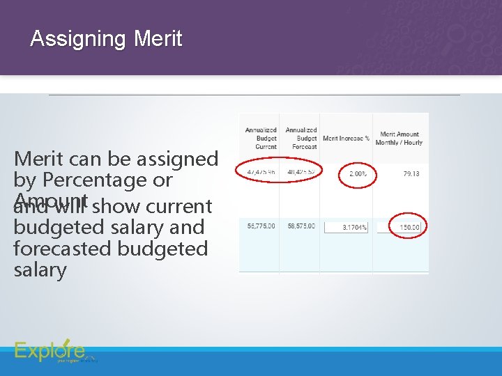 Assigning Merit can be assigned by Percentage or Amount and will show current budgeted