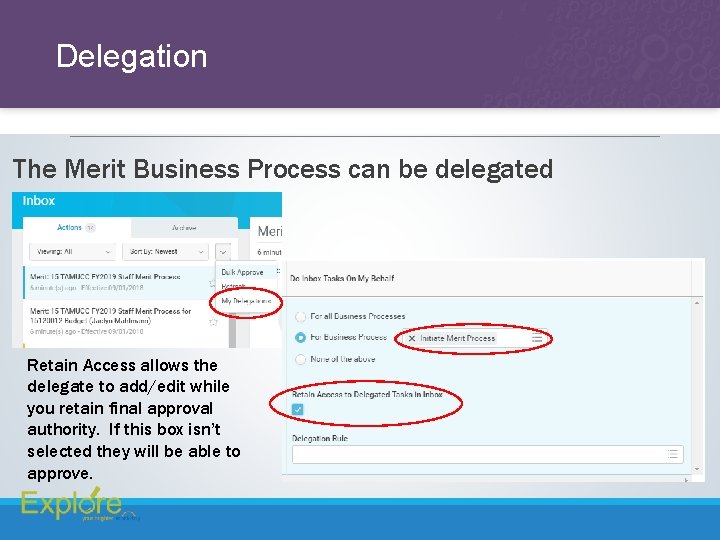Delegation The Merit Business Process can be delegated Retain Access allows the delegate to