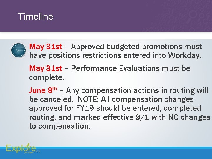 Timeline May 31 st – Approved budgeted promotions must have positions restrictions entered into