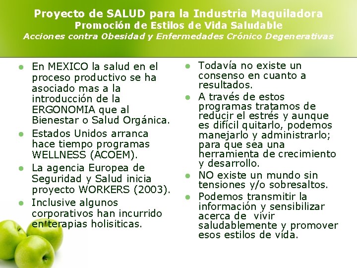 Proyecto de SALUD para la Industria Maquiladora Promoción de Estilos de Vida Saludable Acciones