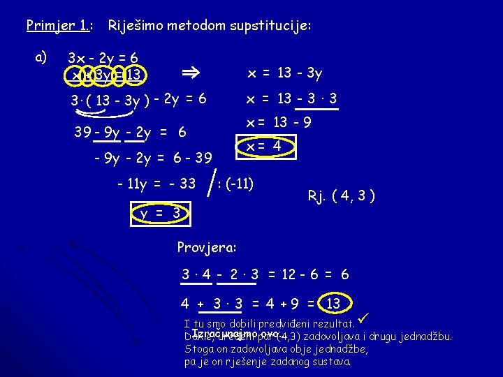 Primjer 1. : a) Riješimo metodom supstitucije: 3 x - 2 y = 6
