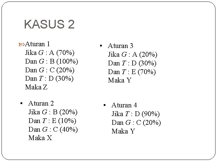 KASUS 2 Aturan 1 Jika G : A (70%) Dan G : B (100%)