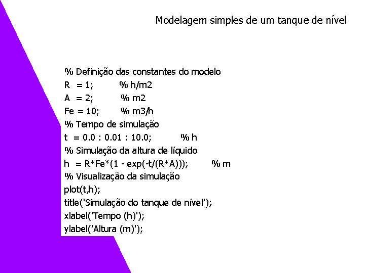 Modelagem simples de um tanque de nível % Definição das constantes do modelo R