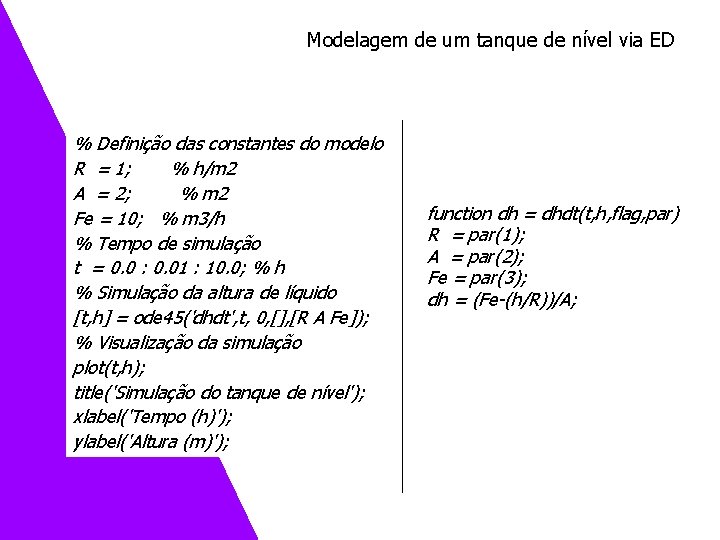 Modelagem de um tanque de nível via ED % Definição das constantes do modelo