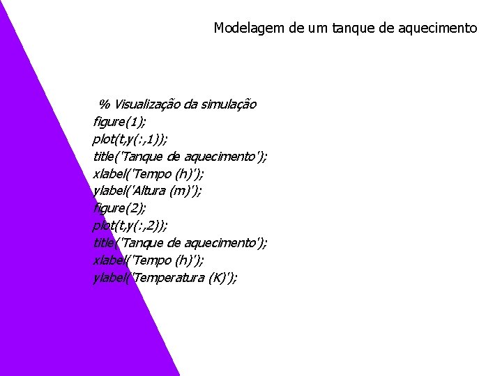 Modelagem de um tanque de aquecimento % Visualização da simulação figure(1); plot(t, y(: ,