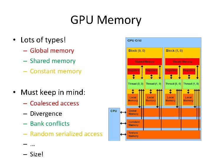 GPU Memory • Lots of types! – Global memory – Shared memory – Constant