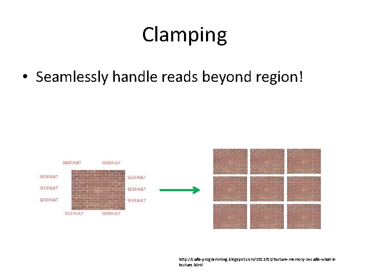 Clamping • Seamlessly handle reads beyond region! http: //cuda-programming. blogspot. com/2013/02/texture-memory-in-cuda-what-istexture. html 