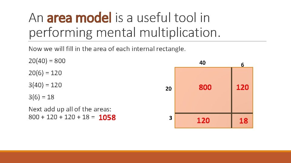 An area model is a useful tool in performing mental multiplication. Now we will